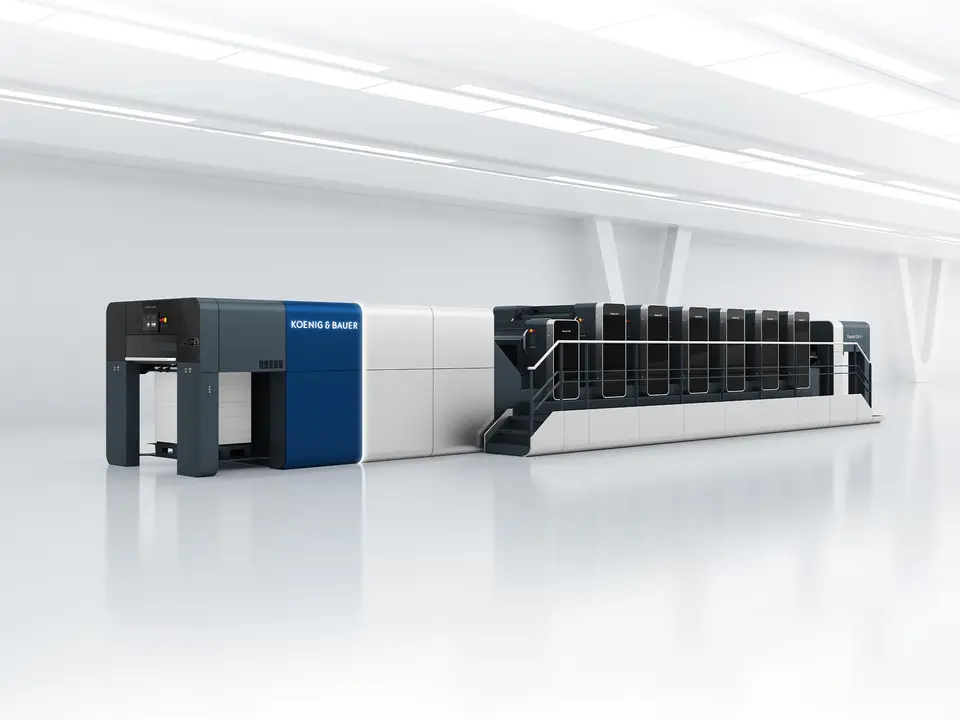 Perspective shot of the Rapida 106 X medium-format offset printing press from Koenig & Bauer Sheetfed